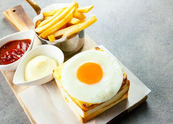 High angle view of breakfast served on table