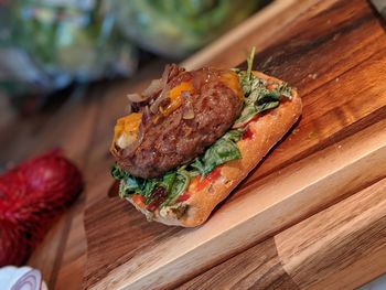High angle view of bread on cutting board