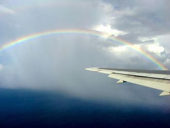 Aerial view of airplane wing against sky