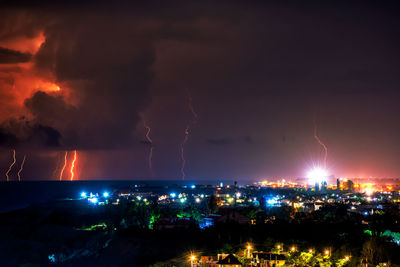 Panoramic view of illuminated city against sky at night