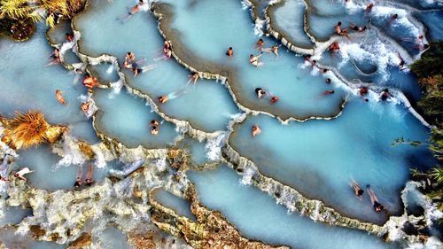 High angle view of snow covered land