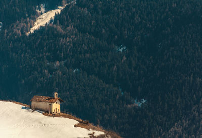 High angle view of chapel on mountain peak