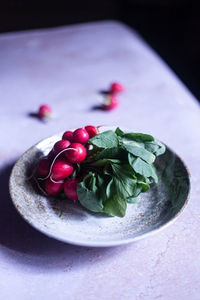 High angle view of strawberries in plate