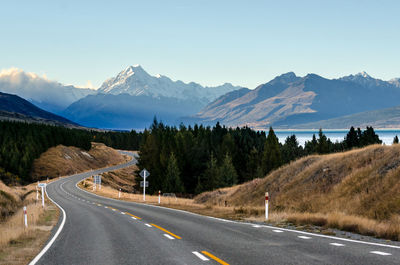 Road to mount cook national park with lake pukaki is beside.