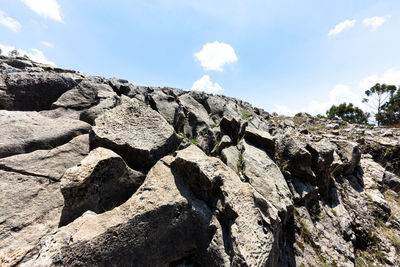 Low angle view of rock formations against sky