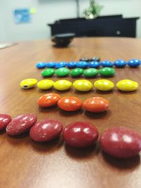 Close-up of multi colored candies on table