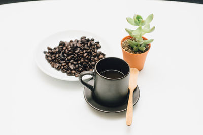 High angle view of coffee served on table