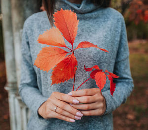 Person holding maple leaves during autumn