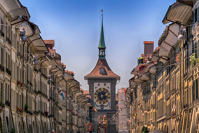 Low angle view of buildings against sky in bern, switzerland