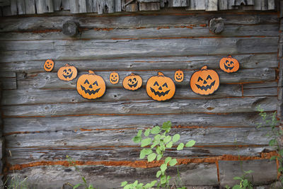 Aper garland with cute pumpkins hanging on the wooden wall of the old bathhouse building in village.