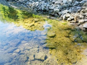 High angle view of stream flowing through rocks