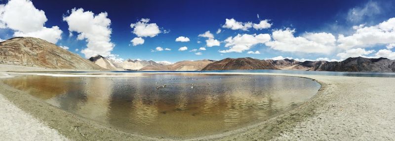 Panoramic view of lake and snowcapped mountains against sky