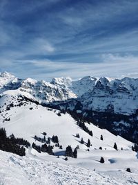 Scenic view of snowcapped mountains against sky