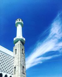 Low angle view of lighthouse against buildings