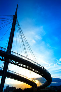 Low angle view of suspension bridge against cloudy sky