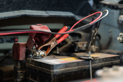 Close-up of a terminal on a car battery