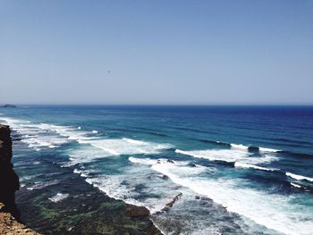 Scenic view of sea against clear blue sky