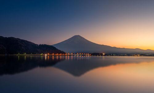 Scenic view of lake against clear sky during sunset