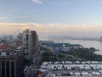 High angle view of buildings against sky during sunset