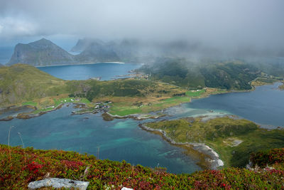 High angle view of landscape and mountains against sky