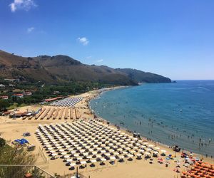 High angle view of beach against clear blue sky