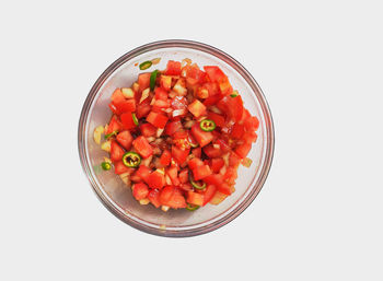 High angle view of food in bowl on white background