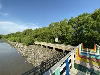 Bridge over river amidst trees against sky