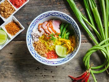 High angle view of meal served on table