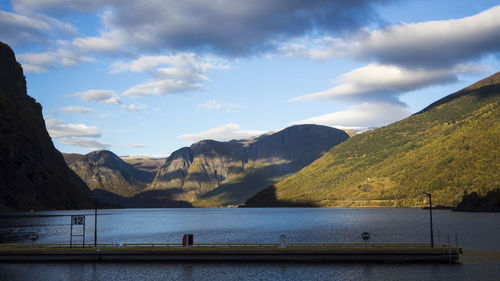 Scenic view of sea and mountains against sky