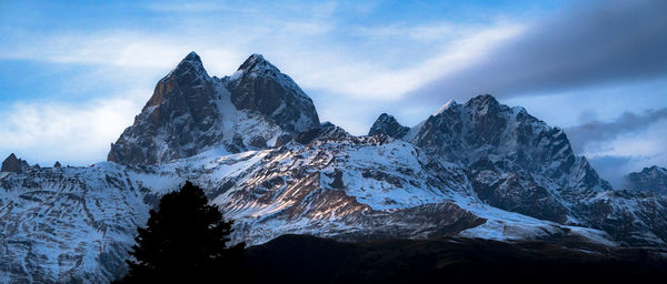 Panoramic view of snowcapped mountains against sky