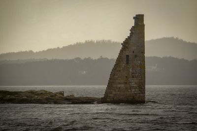 Lighthouse by sea against sky