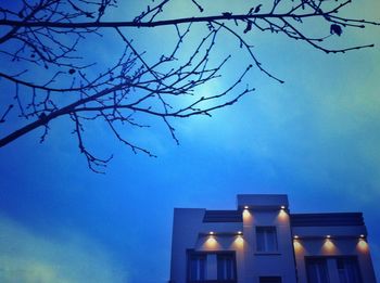 Low angle view of bare tree against blue sky