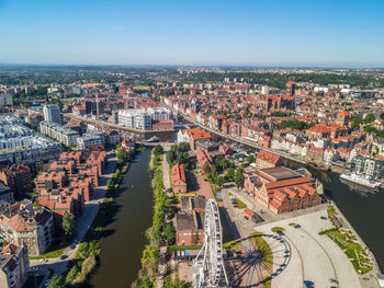 High angle shot of townscape against sky, aerial view of the old town in gdansk, poland. 