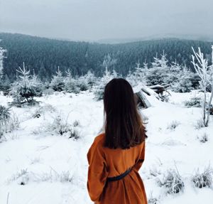 Rear view of woman standing on snow covered landscape