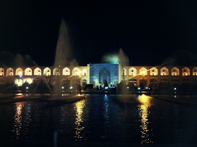 night, illuminated, architecture, built structure, building exterior, water, waterfront, reflection, clear sky, city, transportation, river, travel destinations, famous place, copy space, fountain, travel, outdoors, long exposure, incidental people