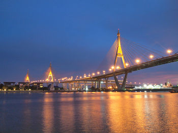 Illuminated bridge over river with city in background