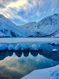 Scenic view of lake and snowcapped mountains against sky