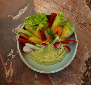 High angle view of food in plate on table