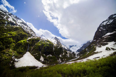 Scenic view of snowcapped mountains against sky