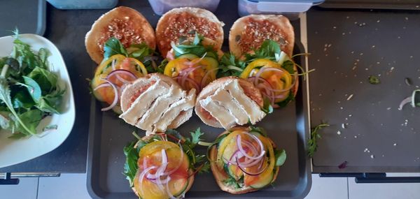 High angle view of fruits in plate on table