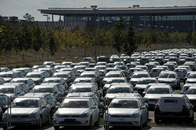 High angle view of cars in parking lot