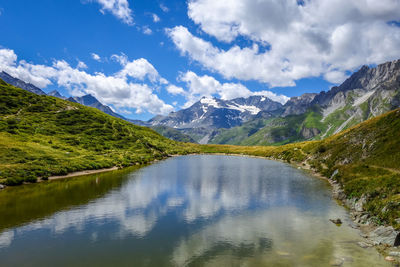 Scenic view of lake and mountains against sky