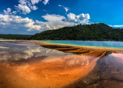 Grand prismatic spring mirrored clouds, yellowstone national park