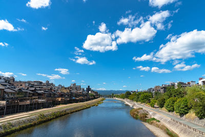 Kamo river or kamogawa in kyoto city, japan. ancient wooden houses on the riverbanks