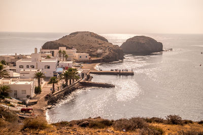 High angle view of sea and buildings against sky