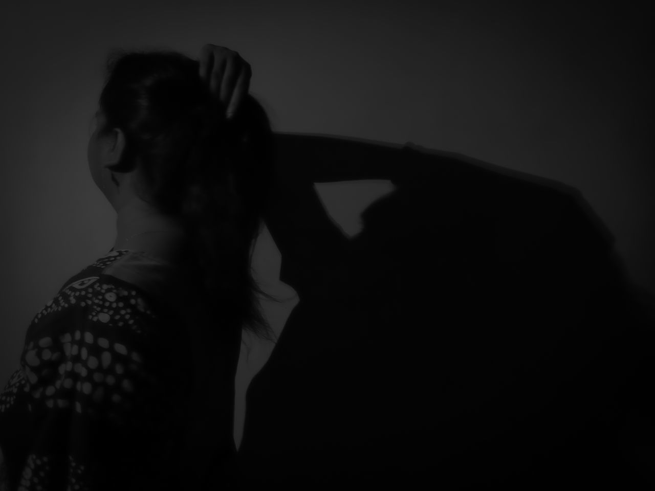 black, darkness, one person, adult, black and white, indoors, studio shot, women, silhouette, light, monochrome photography, dark, young adult, monochrome, white, portrait, emotion, sadness, waist up, shadow, depression - sadness, black background, lifestyles, side view, headshot, copy space, standing