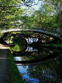 Arch bridge over lake against trees