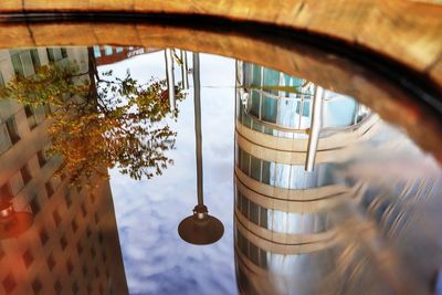 Close-up of building seen through water reflection