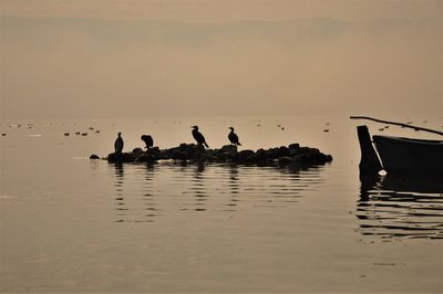 Silhouette people on sea against sky during sunset