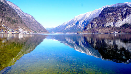 Scenic view of lake and mountains against clear blue sky